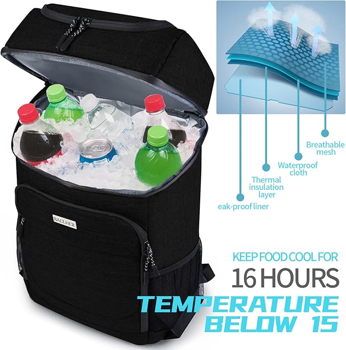 BAGLHER Lightweight Insulated Cooler Backpack - 30 Cans, Leak-Proof for Lunch, Picnic, Hiking, Camping Trips