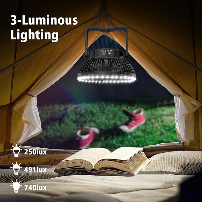 MORECORE Portable Camping Fan with LED Lantern, 24HRS Running 8inch Rechargeable Tent Fan, Powerful 3-Speed 180° Rotate with Hook, Quiet for Outdoor RV Travel Fishing Hurricane Emergency Power Outage