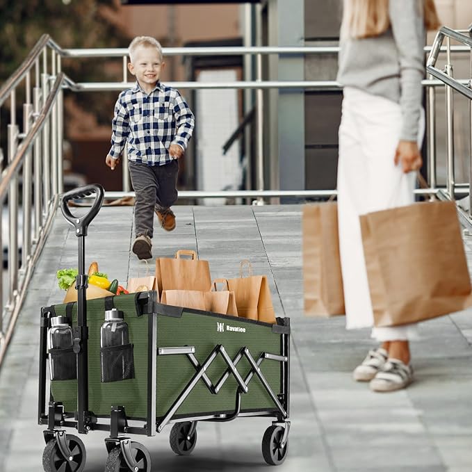 Navatiee Portable Foldable Collapsible Wagon with Wheels, 220lbs Weight Capacity Utility Grocery Shopping Cart, Lightweight Mini Folding Wagon for Outdoor, ArmyGreen