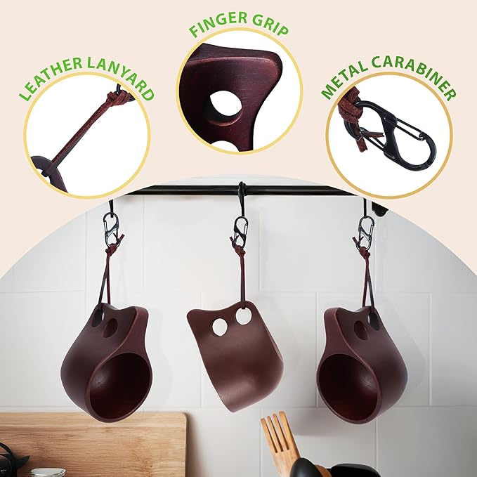 Handcrafted Dark Brown Kuksa Wooden Cup - Sturdy Nordic Mug w/Leather Lanyard, Carabiner for Easy Carry - Light-Weight & Easy Grip Kuksa Wooden Cups for Drinking Coffee, Tea - Unique Coffee Gifts