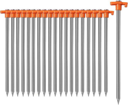 Cheardia 20 Pack Tent Stakes Heavy Duty, 10.25 Inch Yard Stakes Non-Rust Metal Tent Pegs Ground Stakes Tent Spikes for Camping Patio, Garden, Canopies, Grassland, Outdoor, Orange