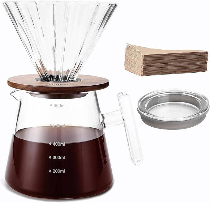 Pour Over Coffee Maker, 20 oz Borosilicate Glass Set with 100 pcs Paper Filter, Walnut Collar & Glass Lid, Drip Coffee Maker, 1-3 Cups, Clear, 600 ml(glass handle)