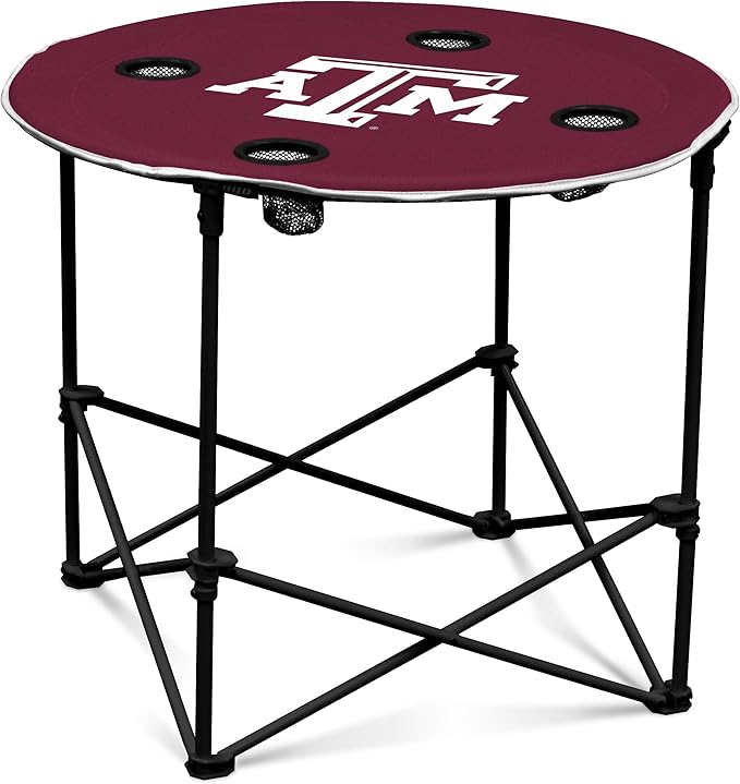 Logo Brands NCAA Texas A&M Aggies Round Tailgating Table – Portable with Foldable Legs, 4 Cup Holders, Powder-Coated Steel, and 27.6" Surface Diameter, Team Color