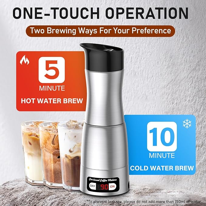 12V Coffee Maker for Car, Portable Coffee Maker with 24V for Truck, Stainless Steel Self-Heating 150ml Car Espresso Machine for Camping, RV, Travel