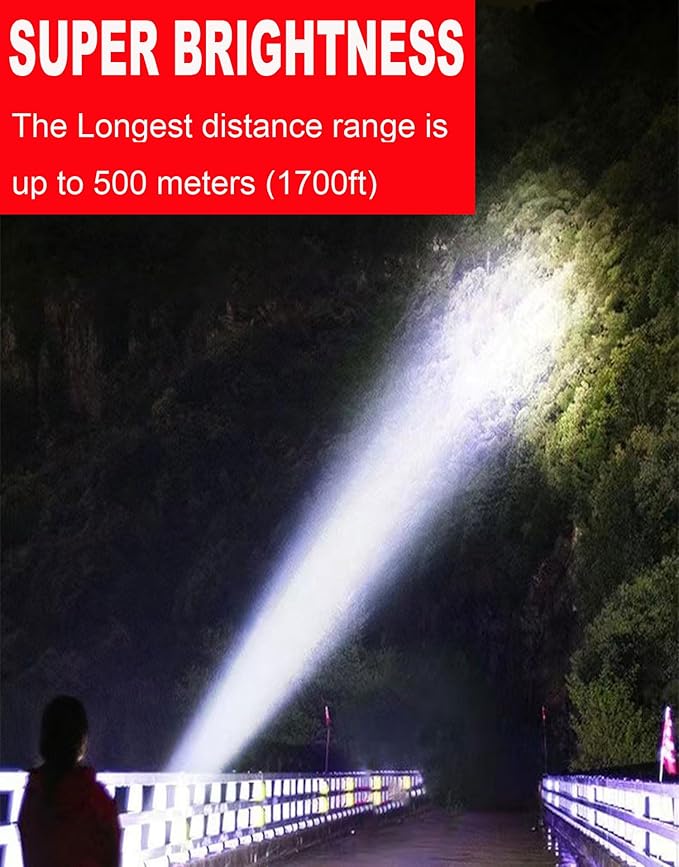 Solar Rechargeable LED Spotlight Flashlight, Super Bright 6000LM Handheld LED Searchlight, Multi-functional Portable Lamp Camping Lantern Flashlight, 6 Light Modes, Power Bank, IPX4 Waterproof