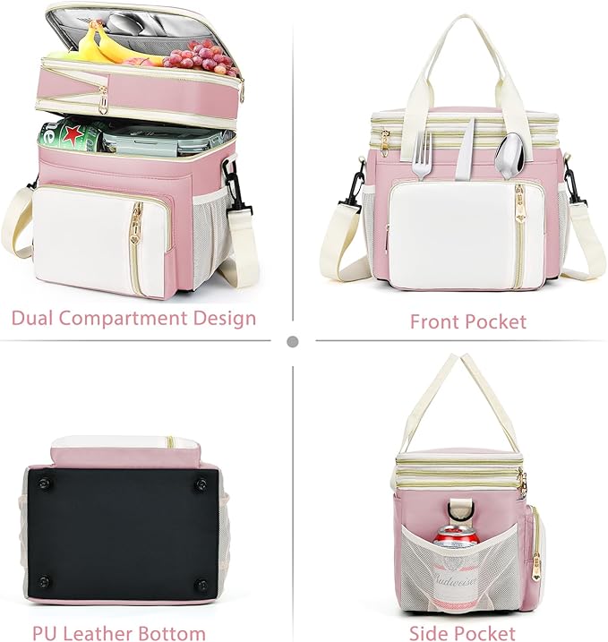 LOKASS Lunch Box for Women, 16L, Double Deck Expandable Insulated Lunch box For Adults/Women Thermal Large Waterproof Leakproof Cooler Bag with Shoulder Strap - Light Pink