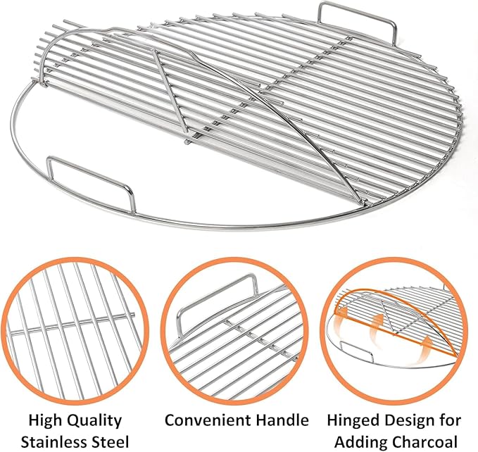 26" Charcoal Cooking Grate for Weber Kettle Charcoal Grill, Stainless Steel Hinged Grid for 2-Zone Cooking, Kettle Grill Charcoal Cooking Grid for Tailgating Backyard, Also Fits Similar Sized Fire Pit