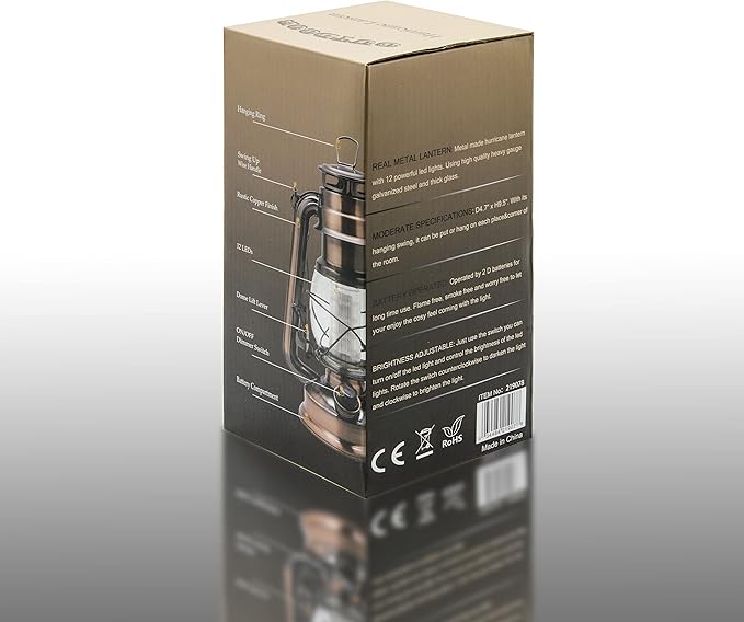 YAKii LED Vintage Lantern Metal Hanging Hurricane Lantern 12 LED Dimmer Switch Cold White Battery Operated Power Outage Indoor Camping Lighting Outdoor Brooklyn Decoration(Copper)