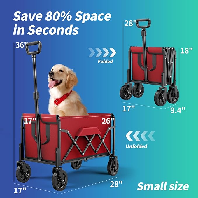 Small Collapsible Wagon with Wheels, Foldable Carts with 200lbs Load Capacity, Dog Wagon, Utility Shopping Cart for Groceries, Sports, Camping, Garden, Fishing, Red