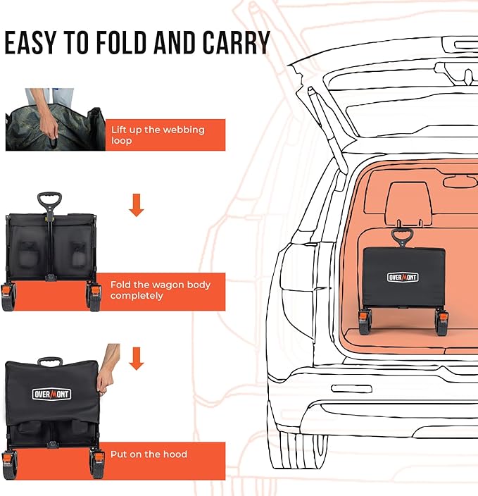 Overmont 200L Foldable Wagon Cart - 49.2" Extended Heavy Duty Collapsible Folding Utility Wagon with All-Terrain Big Wheels for Outdoor Camping Sports Garden Beach Grocery - 300lbs Support