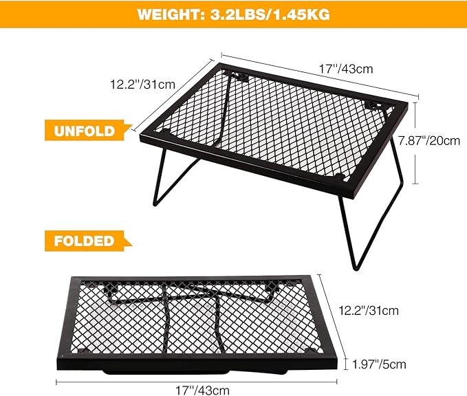 Folding Campfire Grill Grate, Portable Heavy Duty Steel Over Fire Camp Grill for Outdoor Camping Cooking Fire Pit, Black