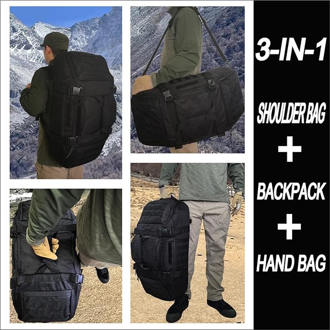 Travel Gym Duffle Bag Tactical, for Men Women Multi-functional Backpack,3 in 1 Shoulder Bag Backpack Handbag for Sports Hiking Camping, Water Resistant & Easy Clean (Black, 55L)