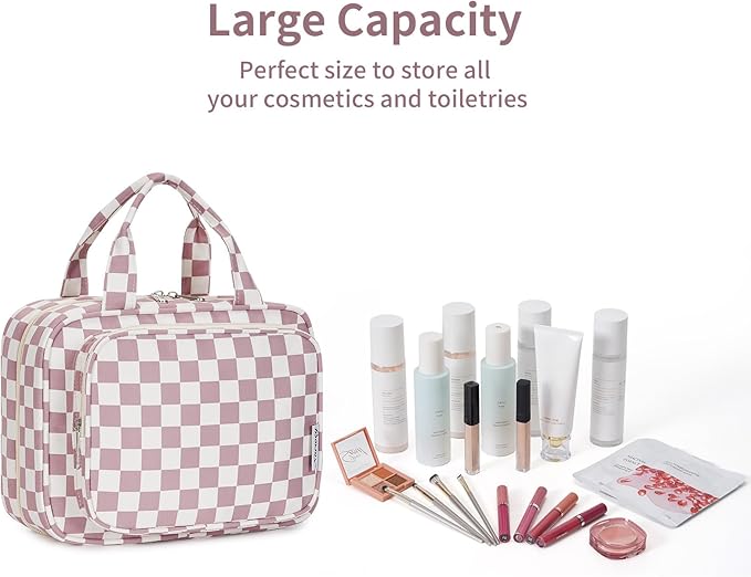 Narwey Hanging Toiletry Bag for Women Travel Makeup Bag Organizer Toiletries Bag for Travel Size Essentials Accessories Cosmetics (Dusty Rose Checkerboard (Medium))