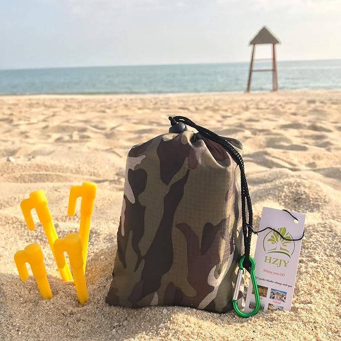 Outdoor Blanket (71" x 55") -Compact, Lightweight, Sand Proof Pocket Blanket Best Mat for The Beach, Hiking, Travel, Camping, Festivals with Pockets, Loops, Stakes, Carabiner