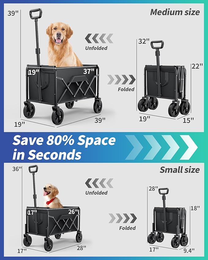 Medium Collapsible Wagon with Wheels, Foldable Carts with 220lbs Load Capacity, Dog Wagon, Utility Shopping Cart for Groceries, Sports, Camping, Garden, Fishing, Black