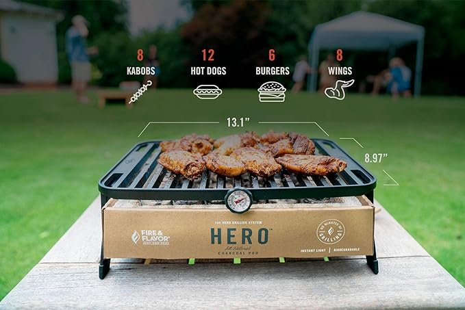 Fire & Flavor Hero Grill System - Ultra-Portable Grill for Camping, Tailgating, and BBQ on the Go - Tabletop Charcoal Grill Set Comes with Spatula, Thermometer, and Cutting Board
