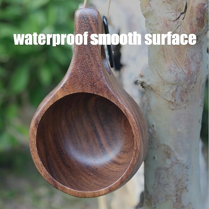 Coffe Mug Portable Wooden Camp Cup with Handle Kuksa Handmade Cool Hot Drinking Viking Mug Unique Natural Wood Grain for Outdoor Travel Hiking Men Women