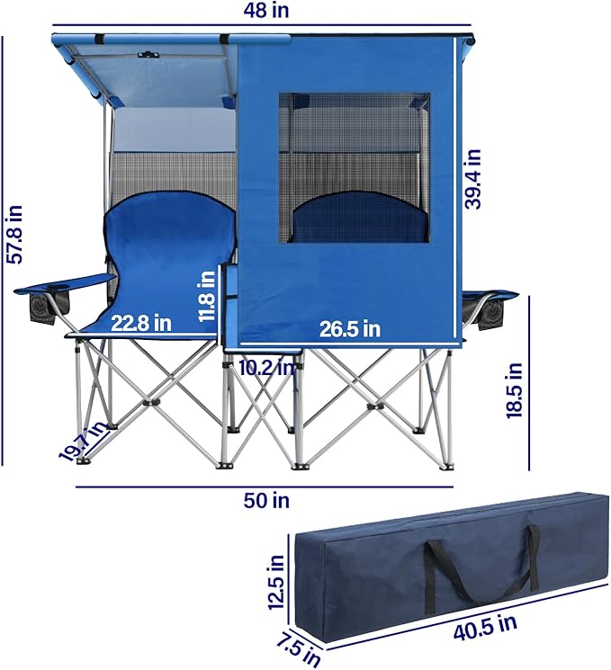 ptlsy Double Camping Chair with Canopy, Folding Two-Person Seat, Portable Outdoor Loveseat with Shade, Folding Chairs for Beach, Lawn, and Outdoor Activities (Blue)