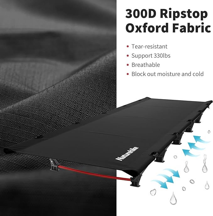 Naturehike Ultralight Camping Cot, Easy to Assemble Folding Tent Cot, Compact & Protable Camping Bed for Camping, Mountaineering, & Hiking, Supports 330lbs with Carry Bag, GreenWild Dark Black