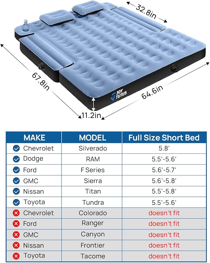 JOYTUTUS Truck Mattress for Camping, Air Bed with Inflatable Pillow for 5.5-5.8Ft, Full-Size Thicken Sleeping Pad with Cup Holder, Blow Up Bed for Car Truck Pickup F150, Grey Blue