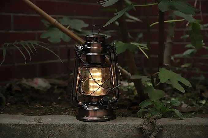 YAKii LED Vintage Lantern Metal Hanging Hurricane Lantern 12 LED Dimmer Switch Warm White Battery Operated Lantern Power Outage Indoor Camping Lighting Outdoor Brooklyn Lantern Decoration(Copper)