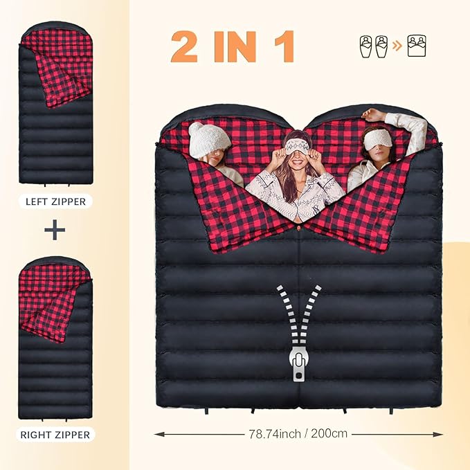 0 Degree Sleeping Bag 100% Cotton Flannel XXL Cold Weather Winter Oversized Sleeping Bag for Adults Camping Zero Degree Big and Tall with Compression Sack