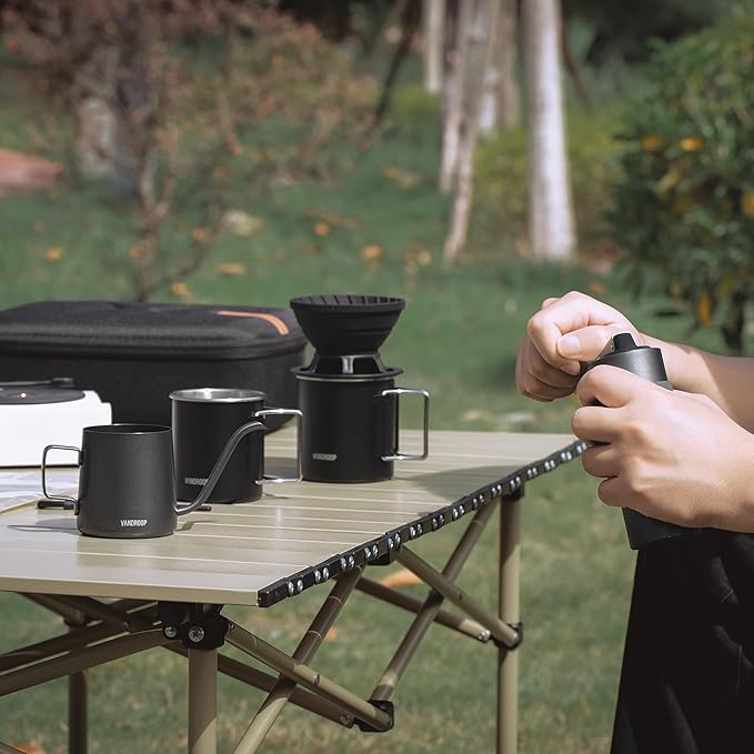 Pour Over Coffee Maker Set, ALL in 1 Portable Set- Manual Coffee Grinder with Stainless Steel Conical Burr, Collapsible Silicone Coffee Dripper Set, Coffee Gooseneck Kettle