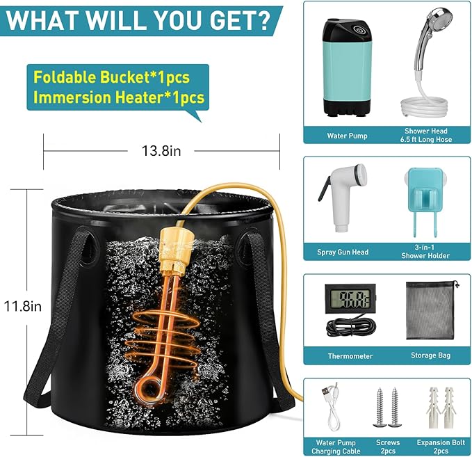 Portable Hot Shower for Camping, 1000W Immersion Heated, Rechargeable Camping Shower Pump, 6.6 Gallons Folding Bucket for Camping, Hiking, Traveling, Washing