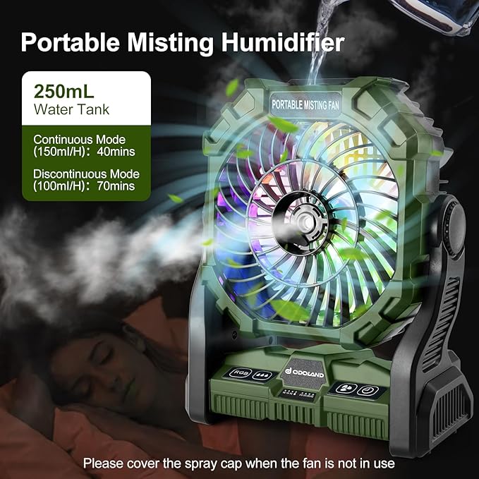 Odoland Portable Misting Fan with LED Light, 20000mAh Battery Operated Rechargeable Camping Mister Fan with 250mL Water Tank and Hook, Outdoor Tent Cooling Mist Fans for Patios Beach, Green