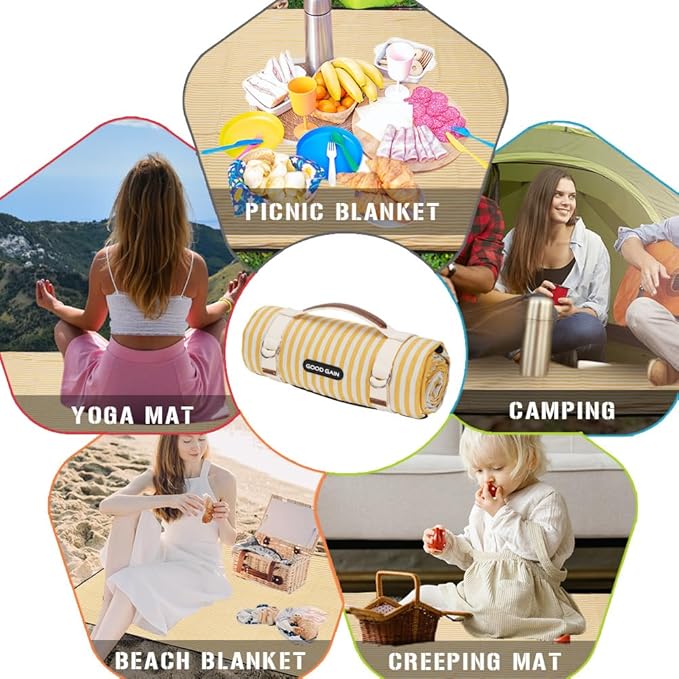 Picnic Outdoor Blankets Waterproof Extra Large - Beach Mat Sand Free Foldable with Carry Strap | Portable Camping Blanket | Park Blanket for Grass Park, Hiking, Travel, Concerts, Indoor (Yellow)