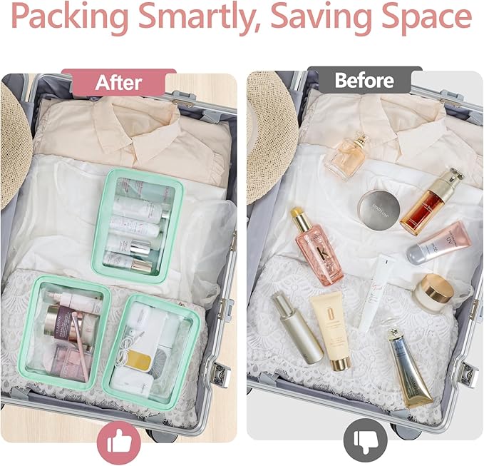 PACKISM TSA Approved Toiletry Bag - Amazing Color-Edged Clear Makeup Bag, 3 Pack in Spacious Space, Reusable Clear Toiletry Bags with Great Value, Green