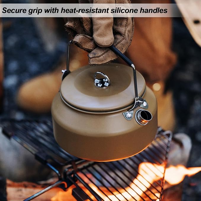 Camping Kettle Outdoor Campfire Camp Kettle, 1L Stainless Steel Camp Tea Coffee Pot, Portable Lightweight Teapot Fast Heating Boiling Water, Ideal for Hiking Picnic Travel, Brown