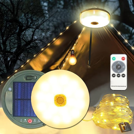 Solar Retractable Camping String Lights Reel 39 FT, Portable 3600mAh Rechargeable Strip Light with Remote Control Timer, Waterproof Tent Lantern for Hiking Awning Party Festival Decor (Warm White)