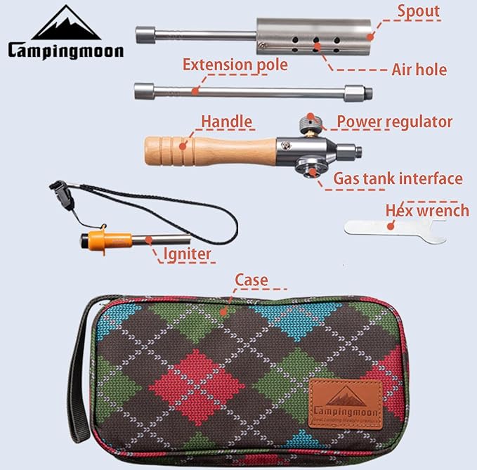 CAMPINGMOON Camping Grill Torch Dual Fuel Head Flame Adjustable for Charcoal Starter with Storage Case MT-3955/I-1010 (Isobutane)