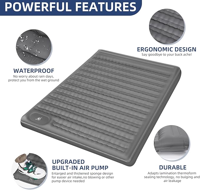 WANNTS Double Sleeping Pad, Extra Thick Ultralight Inflatable Sleeping Pad for Camping, Built-in Pump for Hiking, Airpad, Carry Bag, Repair Kit, Compact & Lightweight Camping pad