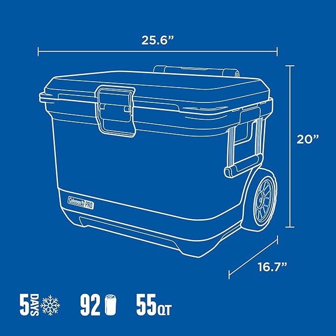 Coleman Pro 55qt Wheeled Ultra-Light Premium Hard Cooler, Extra-Thick Insulation Keeps Ice up to 5 Days, 92-Can Capacity, Heavy-Duty Wheels