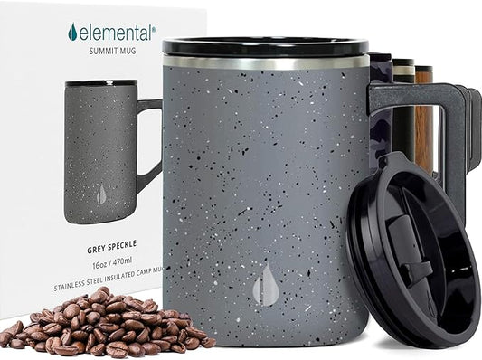 Elemental Insulated Coffee Mug - Triple-Wall Stainless Steel Summit Travel Cup for Hot and Cold Drinks - Thermal Coffee Mug with Lid and Handle for Camping, Office & Travel 16oz - Grey Speckle