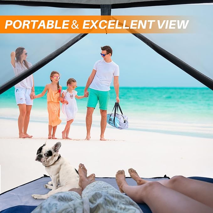 Happy Travel Beach Tent, UPF 50+ UV Protection Sun Shade Shelter for 3/4/5/6/7/8 Person, Portable Beach Canopy for Family & Baby, Lightweight & Easy Setup Beach Cabana with 3 Ventilation Mesh Windows