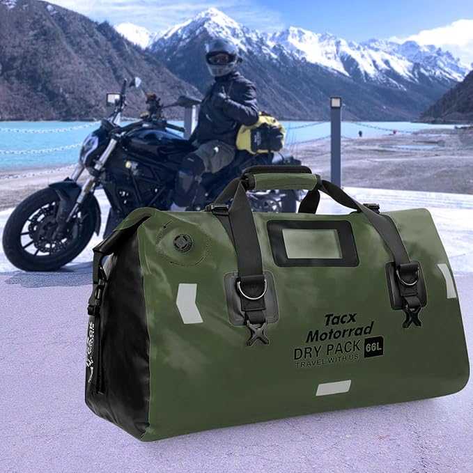 Waterproof Duffel Bag for Men/Women, Roll-top Dry Backpack Duffel Bag with Quick-fixed Straps, Motorcycle Tail Saddle Bag for Motorcycling, Rafting, Boating, Kayaking, Travel, 66L-Green
