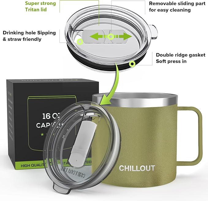 CHILLOUT LIFE Stainless Steel 16 oz (Set of 2) Vacuum Insulated Coffee Mug with Handle and Lid, Large Thermal Camping Coffee Mugs with Sliding Lid for Men & Women