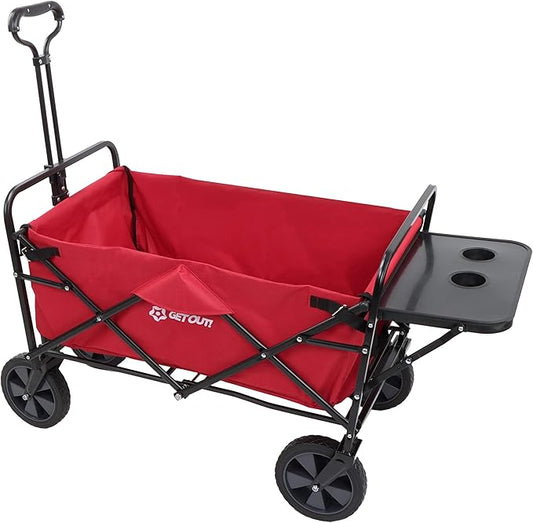 Get Out! Wagons Carts Foldable Red - 220 Pound Max Heavy Duty Collapsible Folding Wagon Cart with Wheels - Utility Cloth Beach Wagon with Side Table for Garden, Sports, Groceries, Fishing, and Camping