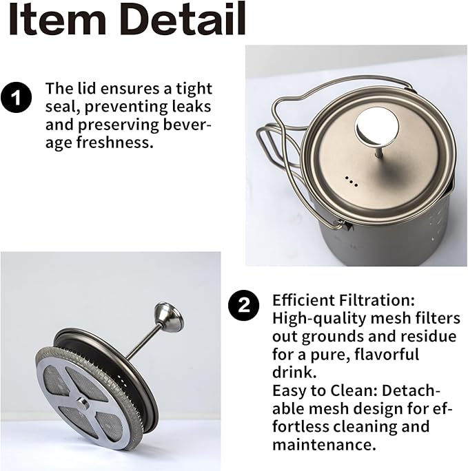 Titanium French Press Pot 750mL/25 fl oz Coffee Maker Camping with Lid and Filter Titanium French Press Cup Backpacking for Outdoor Hiking Camp