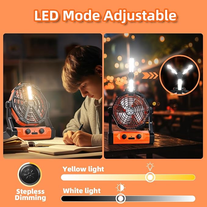 Camping Fan Ventilador Recargable 20000mAh Battery Operated With LED Lantern/Hook/Remote Auto Oscillating 60 Hrs Work Cordless Tent Fan for Emergency, Camping, Outdoor