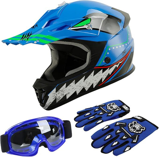 TCT-MOTORPARTS DOT Youth Kids Motocross ATV Helmets Offroad Street Dirt Bike Go-Kart BMX MX Full Face Helmet Blue w/Shark Mouth Large Size