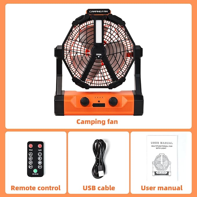Camping Fan Ventilador Recargable 20000mAh Battery Operated With LED Lantern/Hook/Remote Auto Oscillating 60 Hrs Work Cordless Tent Fan for Emergency, Camping, Outdoor
