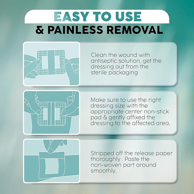 Elleirb Water-Resistant Island Dressing 4x4, Non-Stick Pads w/Adhesive Border Bandages for Wounds | 60 Individually Packed Wound Care & Dressings, Sterile Highly Absorbent, Latex-Free First-Aid Kits