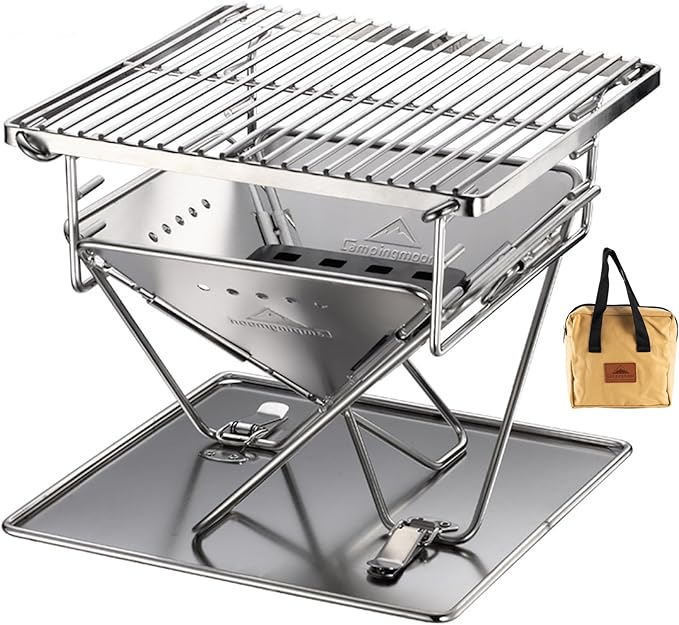 CAMPINGMOON Tabletop Small Charcoal Grill Mini Portable Fire Pit 9.65-inch Stainless Steel with Carrying Bag X-MINI-PRO