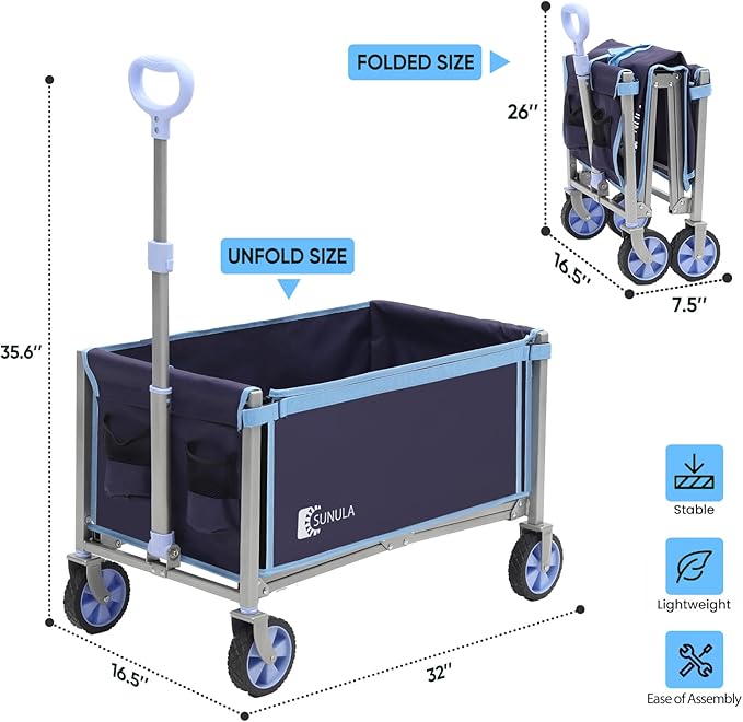 Foldable Wagon Cart 220lbs- 3 in 1 Collapsible Wagon Cart with Wheels, 2 Cup Holders, for Groceries, Camping, Shopping, Garden, Pet Riding-1 Year Warranty
