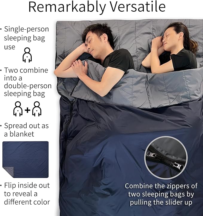 Compact Sleeping Bag 68°F-50°F 1.6lbs, Combinable Lightweight Portable Packable sleep sacks for Adults for Backpacking, Camping, Hiking, Travel, Family, with Stuff Sack, 3 seasons, Velvet lined