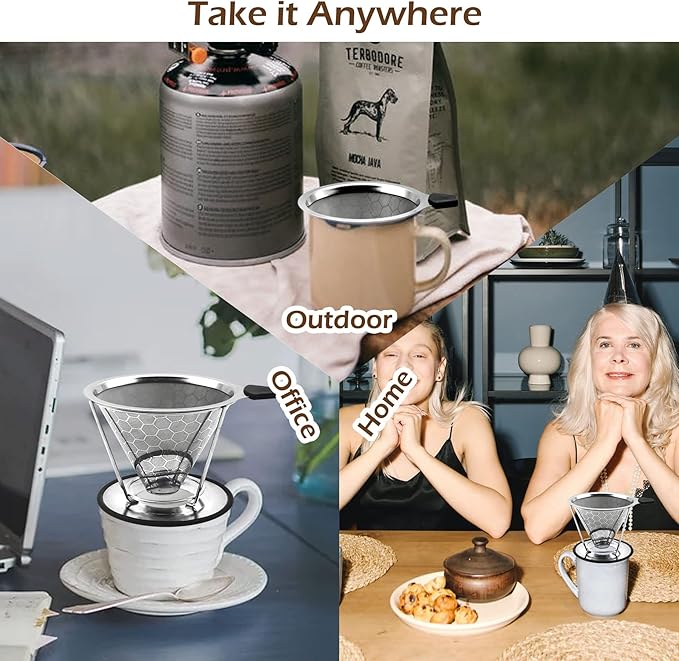LIGICKY Reusable Coffee Filter Professional Manual Stainless Steel Coffee Dripper Cone Coffee Strainer Paperless Coffee Maker for 2-4 people with Removable Cup Stand, Cleaning Brush, Coffee Scoop